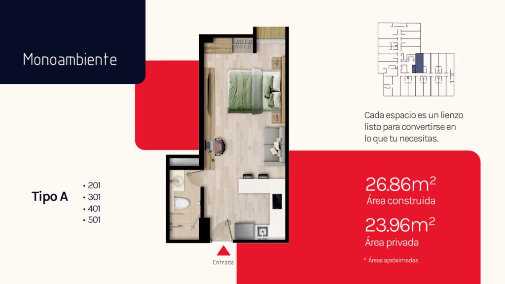 Plano del monoambiente Tipo A de KÔBE 50, Bogotá