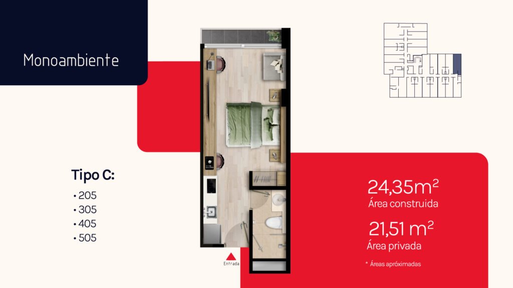 Plano del monoambiente Tipo C de KÔBE 50, Bogotá