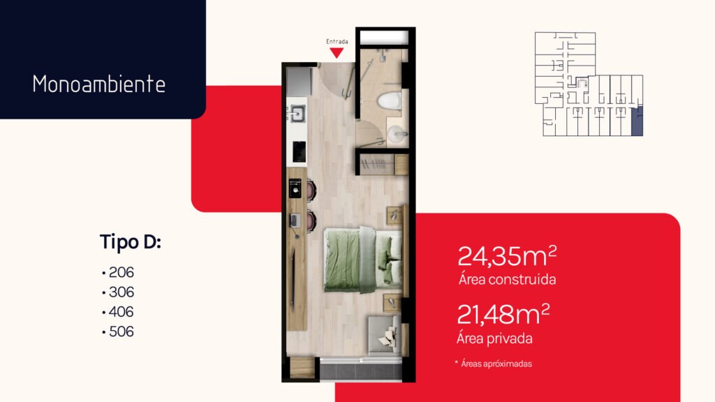 Plano del monoambiente Tipo D de KÔBE 50, Bogotá