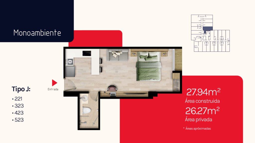 Plano del monoambiente Tipo J de KÔBE 50, Bogotá
